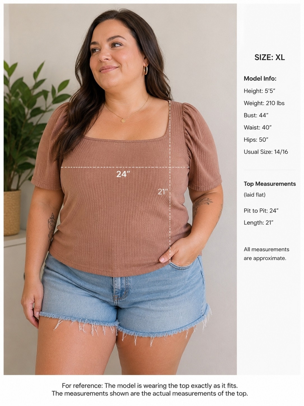 Square Neck Fitted Ribbed Short Sleeve Top - Light Brown Tan Size XL 14/16